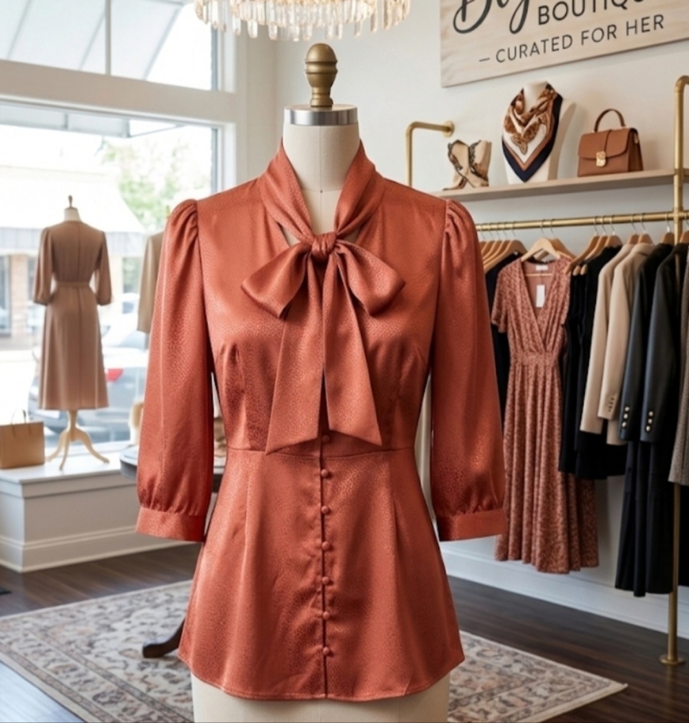 JS Rust Satin Blouse with Neck Tie — Elegant Women's Top (Size M)